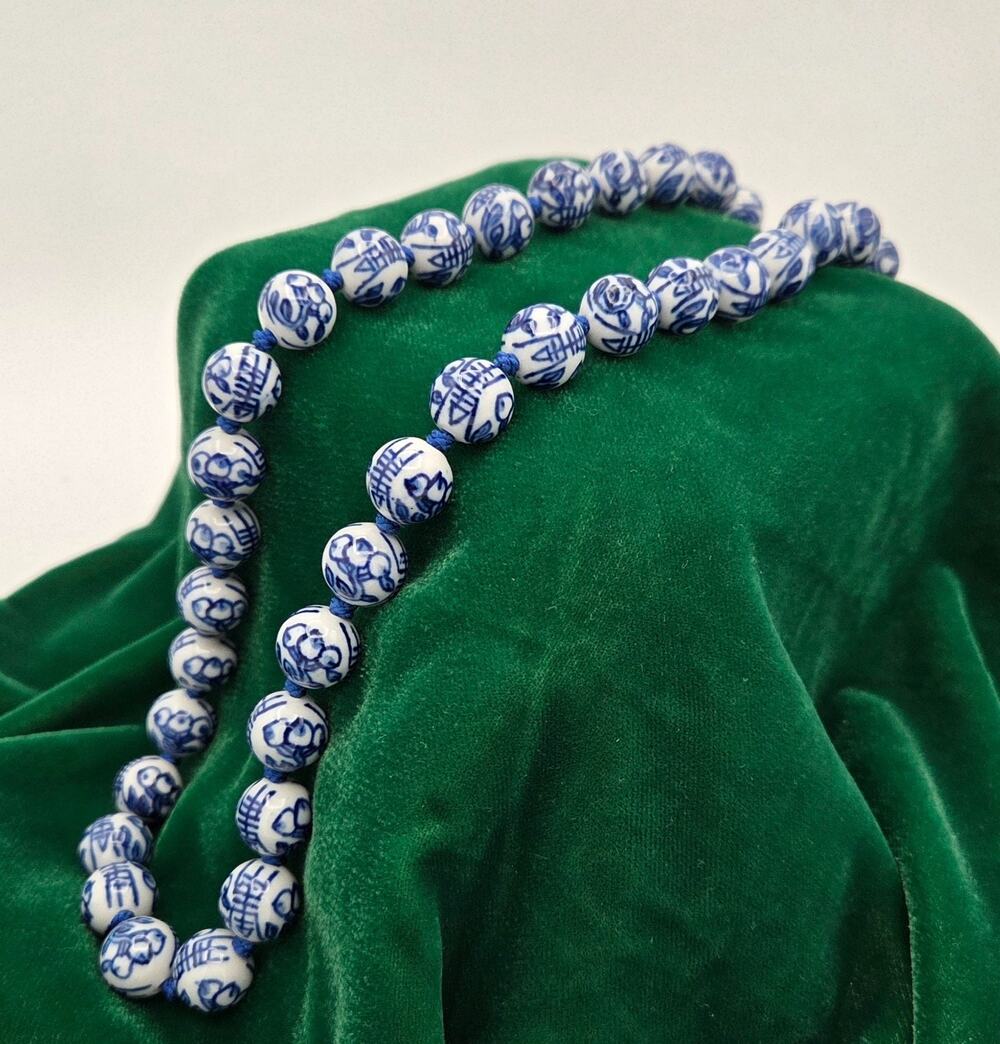 Vintage Blue & White Porcelain Hand-Knotted Bead Necklace Chinese Shou Longevity